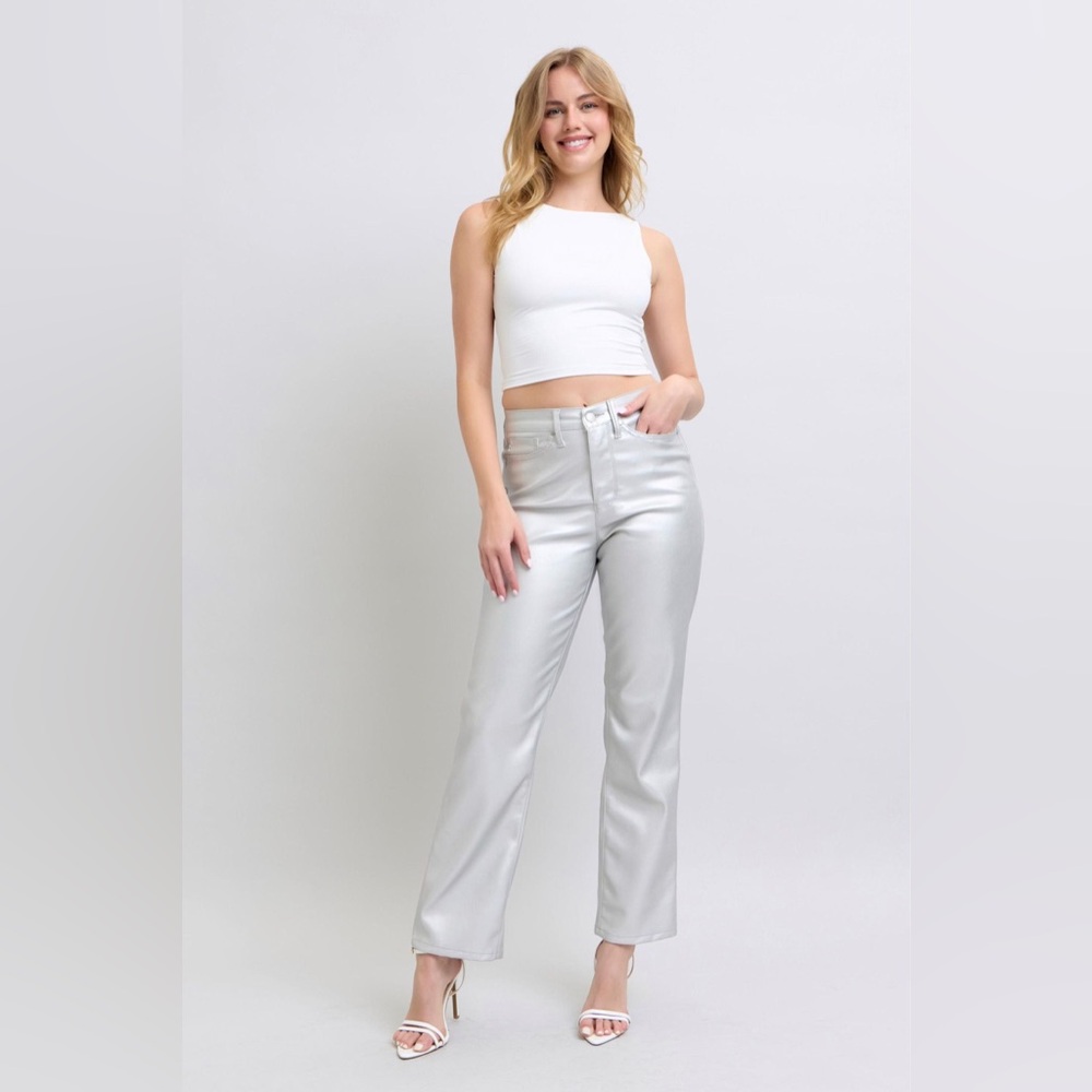 Women's Metallic Silver Straight-Leg Pants